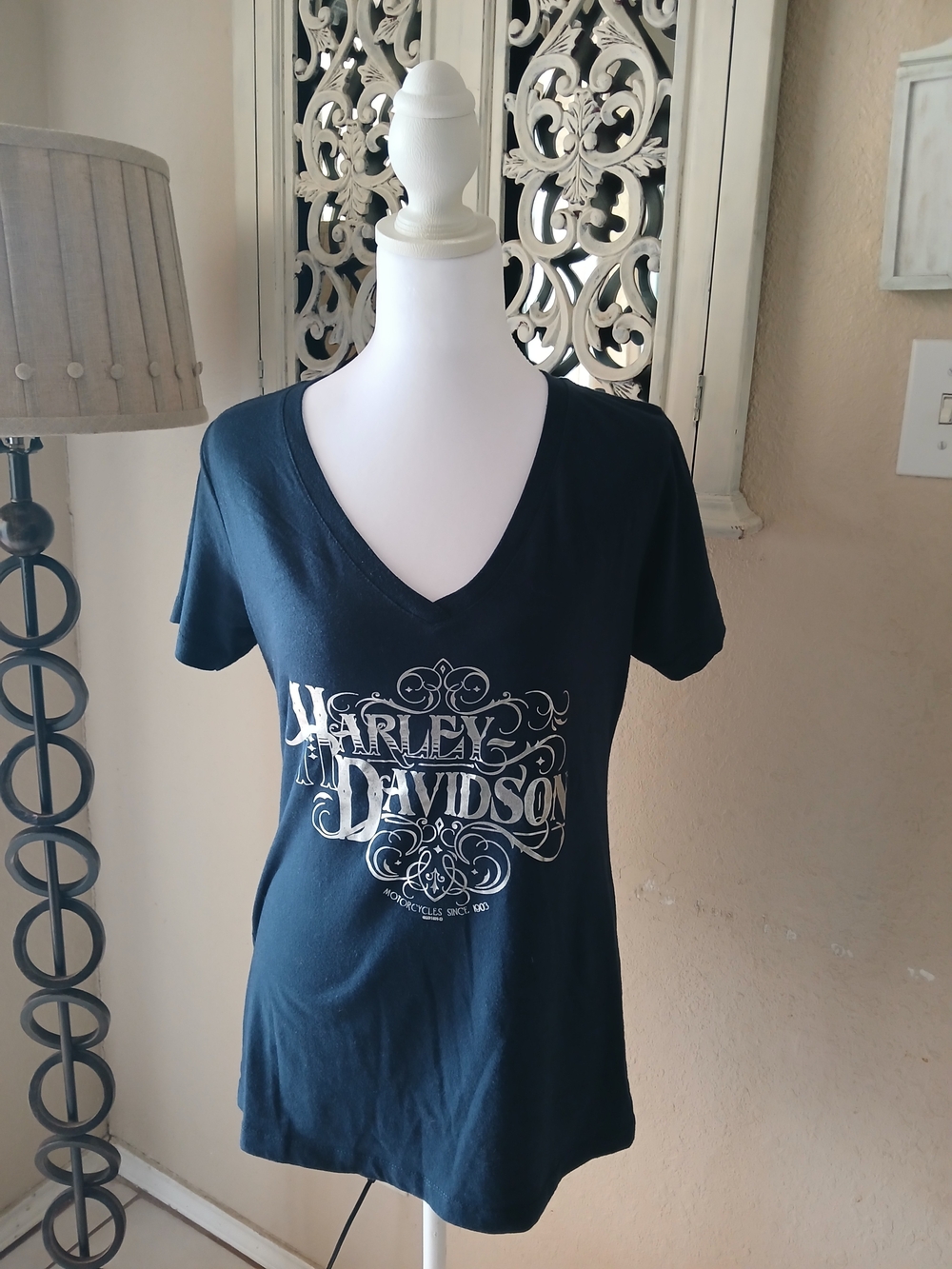Harley-Davidson Navy V-Neck Tee with Silver Script Logo
